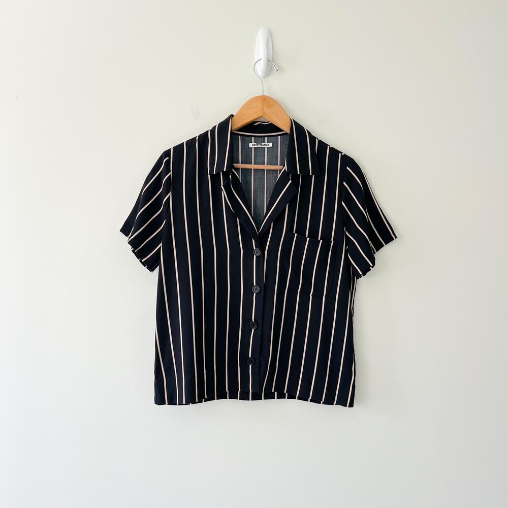 Reformation Cuba Black Striped Short Sleeve Button Down Top, Size Small